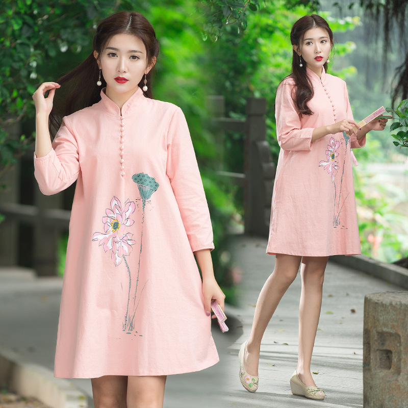 新款中國風棉手繪蓮花棉長款粉色七分袖連衣裙工廠,批發,進口,代購