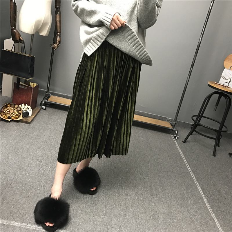 2016秋冬新款絲絨中長款純色百褶裙女式百搭松緊高腰半身裙女工廠,批發,進口,代購
