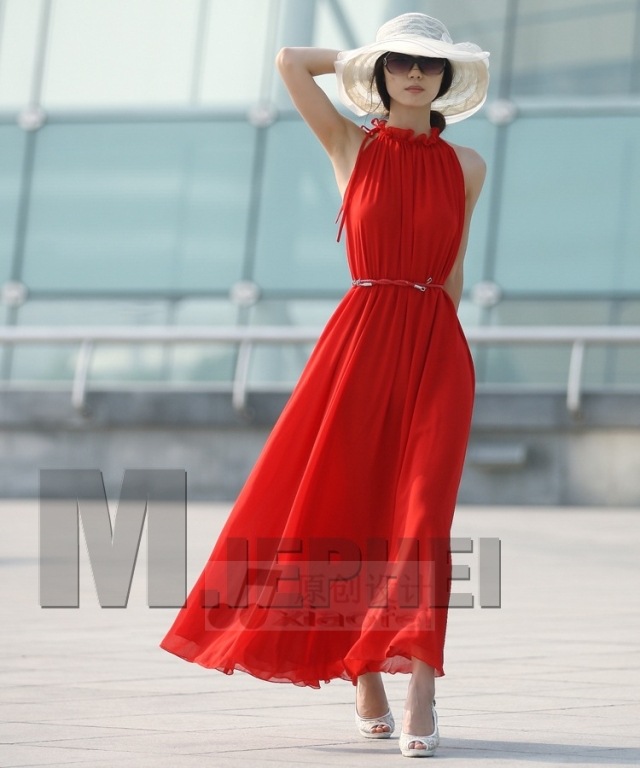 新款雪紡吊帶裙優雅紅花荷葉邊設計超大擺波西米亞長裙連衣裙特價批發・進口・工廠・代買・代購