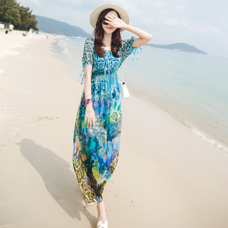 夏裝印花松緊腰大碼女裝短袖修身連衣裙波西米亞沙灘裙長裙潮批發・進口・工廠・代買・代購