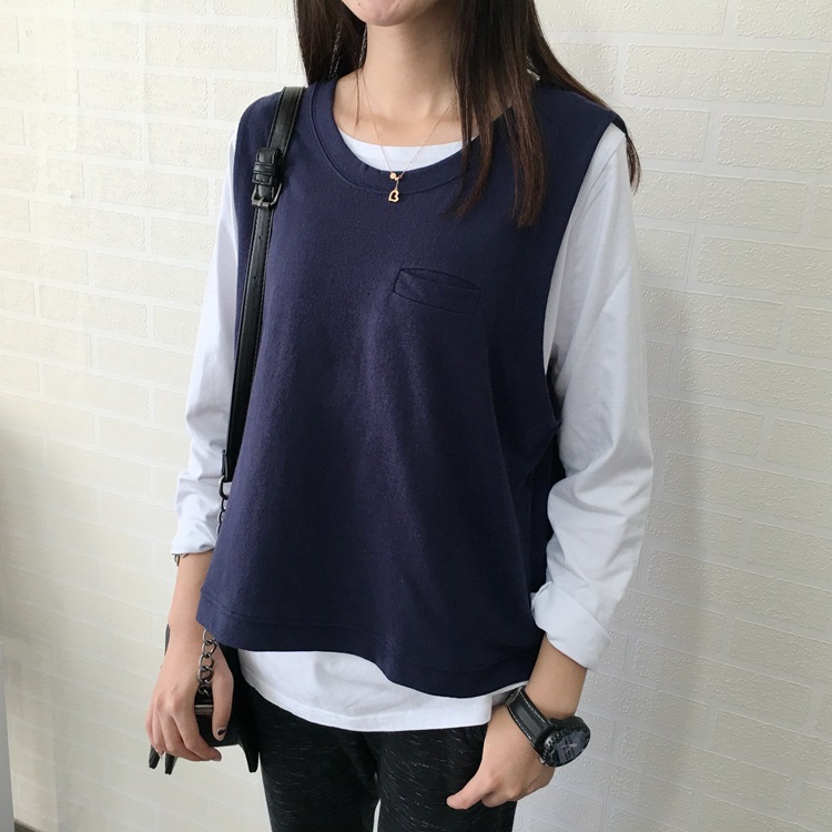 韓國夏裝新款圓領寬松無袖背心t恤女夏外穿純棉口袋上衣短款馬甲工廠,批發,進口,代購