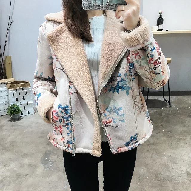 2016秋季新款女裝韓版時尚翻領寬松花朵皮毛一體印花拉鏈外套女式批發・進口・工廠・代買・代購