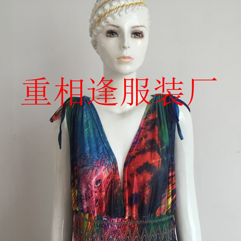 新款海邊度假沙灘裙 波西米亞加大碼七彩羽毛花連衣裙 V領長裙批發・進口・工廠・代買・代購