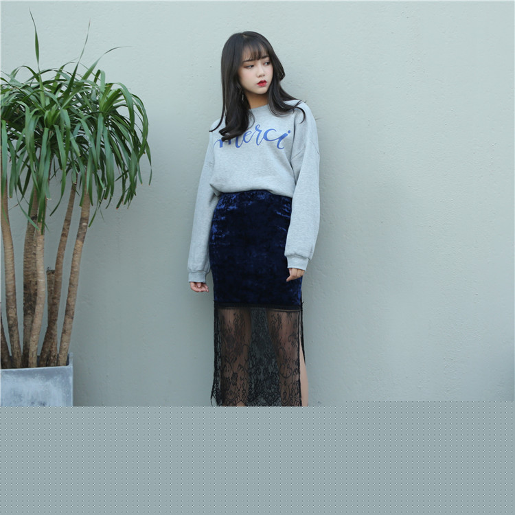 秋冬個性優雅拼接透視蕾絲開叉高腰半身裙女批發・進口・工廠・代買・代購
