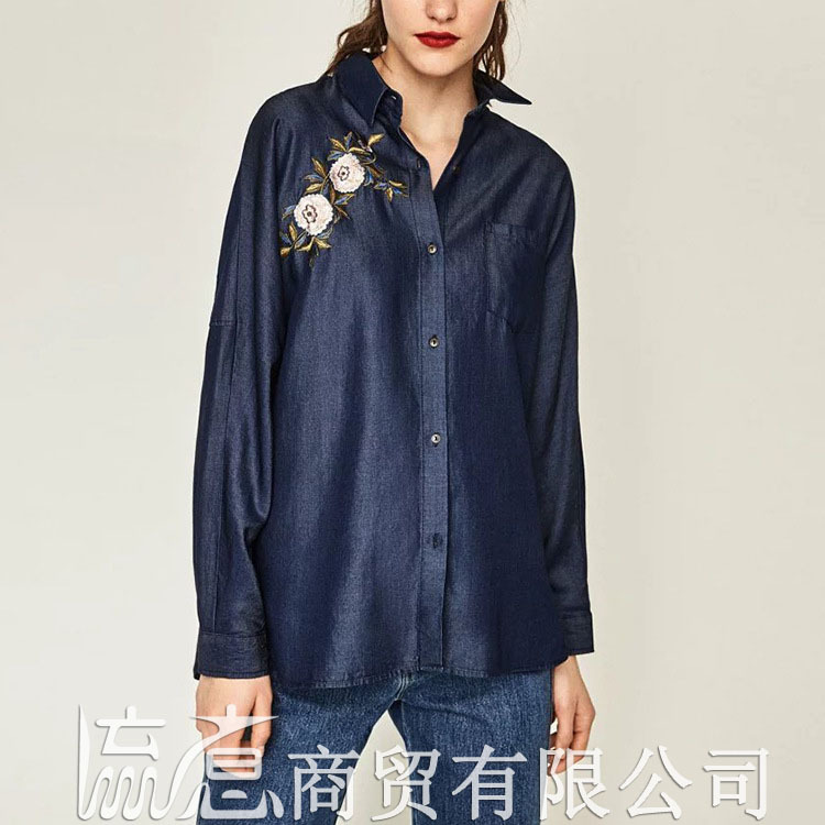 流意 17春季歐美花卉刺繡蝙蝠袖單排扣天絲牛仔襯衫批發・進口・工廠・代買・代購