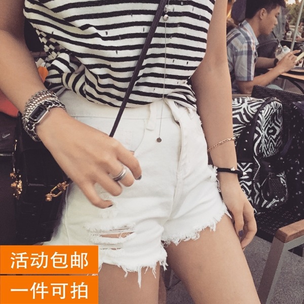 媇16夏季新品韓版時尚女裝高腰磨邊破洞修身顯瘦牛仔短褲學生熱褲批發・進口・工廠・代買・代購