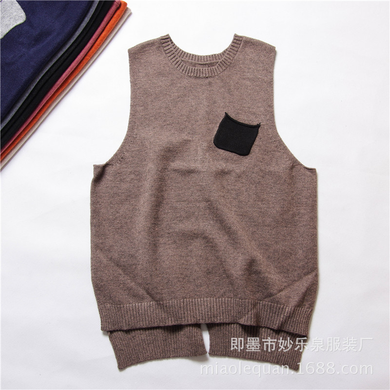 春裝新款女裝背心毛衣坎肩馬甲口袋純色百搭精品上衣批發代發批發・進口・工廠・代買・代購