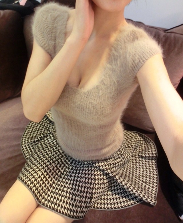 2016秋冬新款長毛水貂絨短袖女套頭修身加厚短款露胸坎肩針織批發・進口・工廠・代買・代購