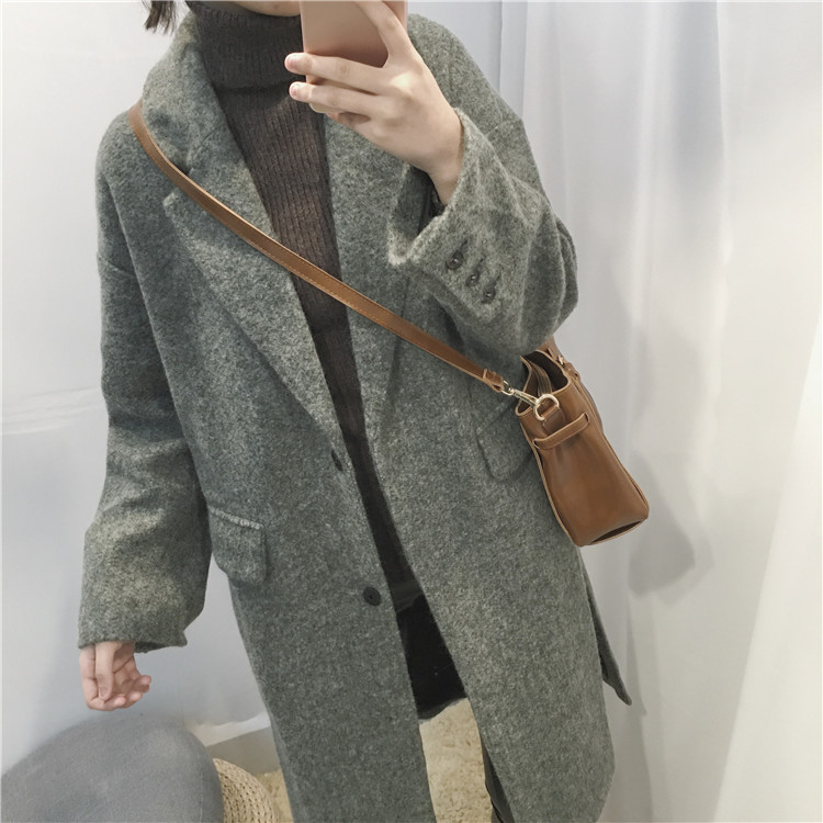 包郵 實拍冬季新款復古翻領暗扣中長款仿羊毛呢大衣外套女批發・進口・工廠・代買・代購