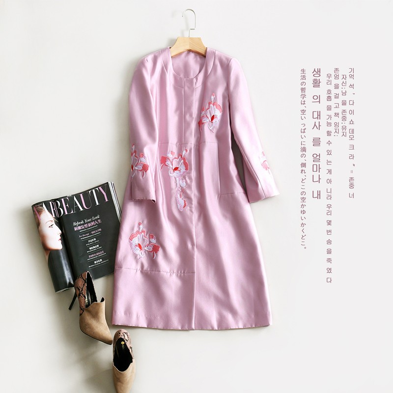 歐美高端大牌2016秋裝新款氣質粉色刺繡花朵女式外套 中長款大衣批發・進口・工廠・代買・代購