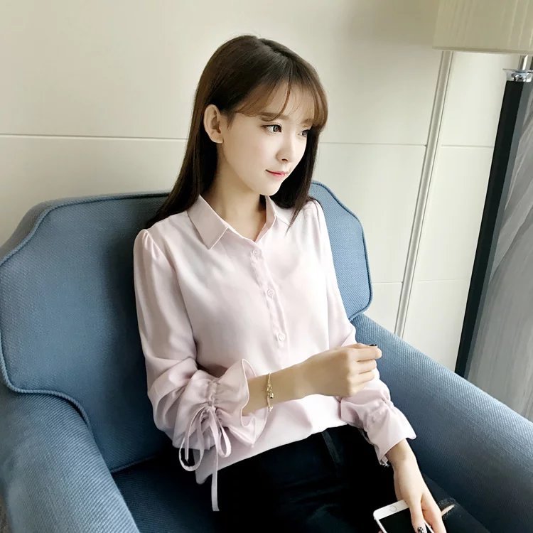 2017春裝新款女裝韓版修身顯瘦時尚百搭喇叭袖絲帶聚酯纖維襯衫女批發・進口・工廠・代買・代購