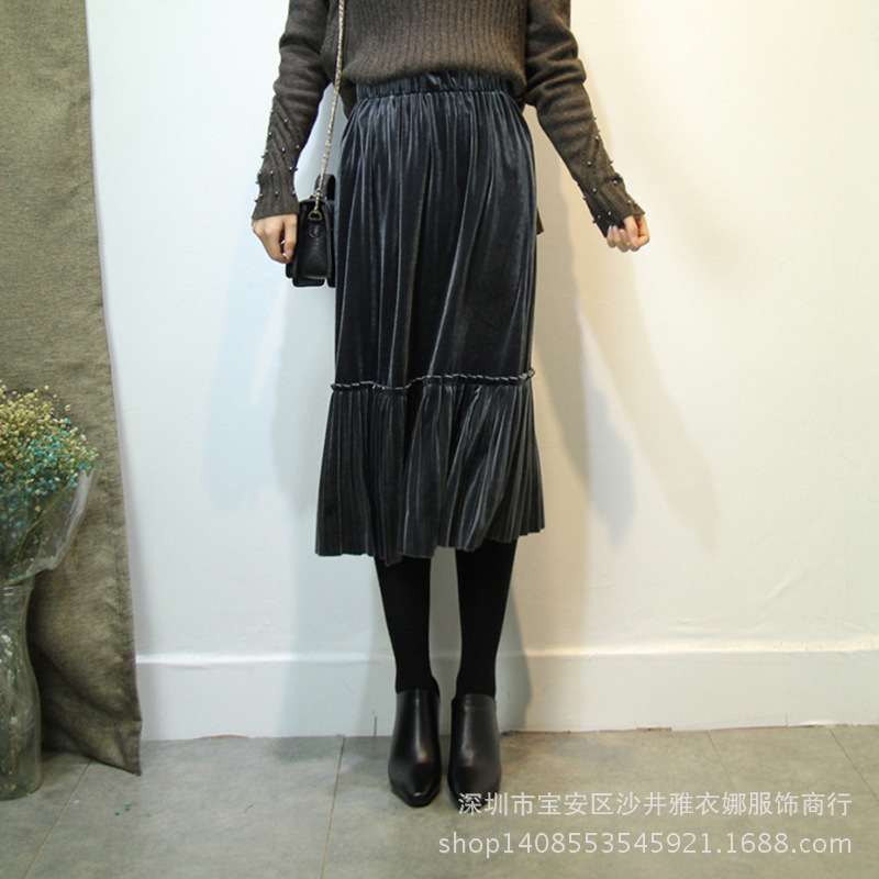 歐美大牌復古光澤感絲絨裙半身中長款拼接百褶A型OL通勤過膝裙工廠,批發,進口,代購