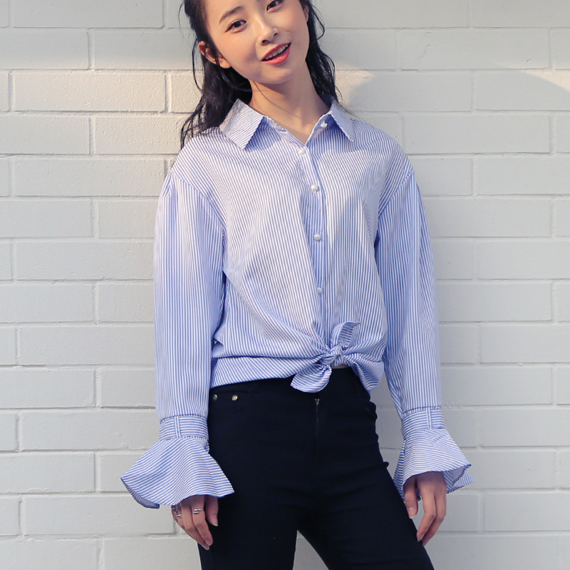 1225 小香盯 2017春季新款韓版女士喇叭袖條紋襯衫長袖襯衣工廠,批發,進口,代購