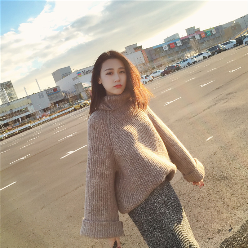 韓國代購東大門新款高領寬松套頭毛衣女韓國原單加厚純色針織衫女工廠,批發,進口,代購