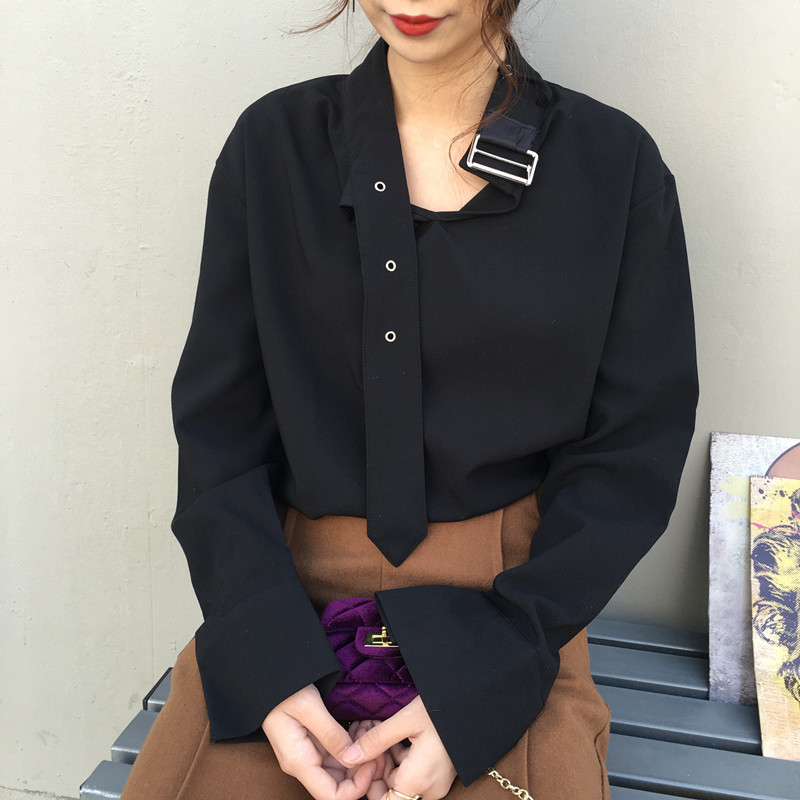 實拍 韓國chic風早春鬼馬系少女 時尚領口系扣襯衫批發・進口・工廠・代買・代購
