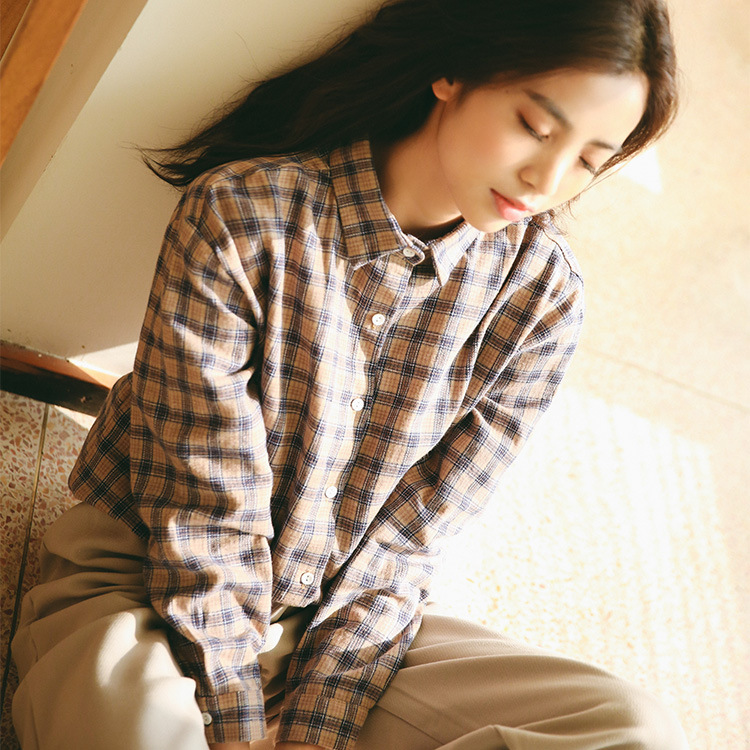 實拍2017春季新款文藝小清新格紋女學生百搭氣質棉長袖襯衣批發・進口・工廠・代買・代購