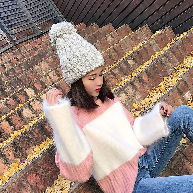 韓版女裝秋冬的清新撞色拼接 大長袖圓領套頭坑條短款毛衣女兩色工廠,批發,進口,代購