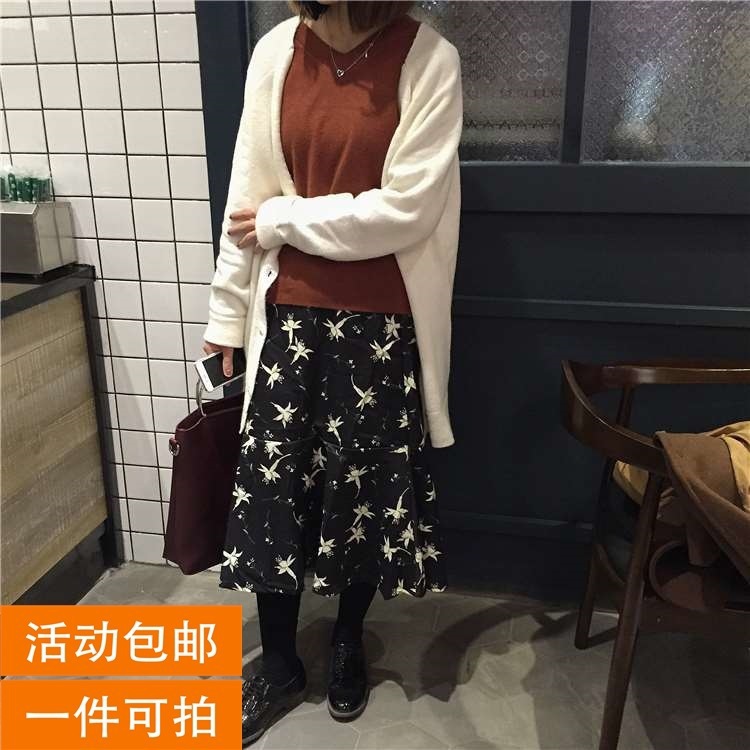 婍16秋冬新款韓版百搭顯瘦休閒松緊腰碎花中長裙學院風打底半身裙批發・進口・工廠・代買・代購