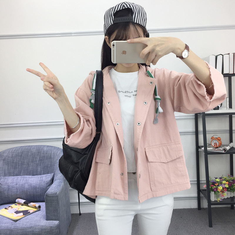 2017春款韓版學生寬松連帽短款外套女學院風長袖上衣工廠,批發,進口,代購