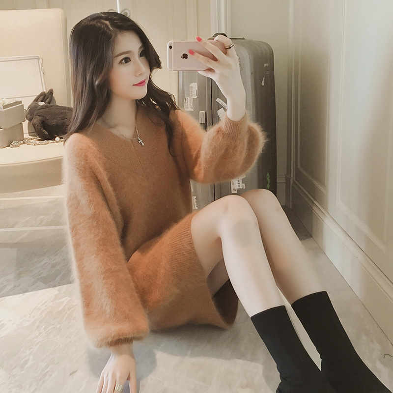 純色毛衣女秋冬新款韓版V領套頭中長款貂毛加厚寬松上衣針織衫女工廠,批發,進口,代購