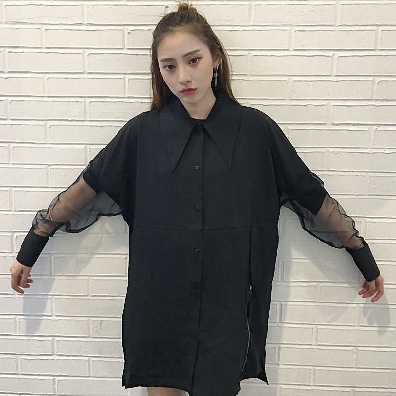 夏季新款韓版透明袖子拼接大翻領側拉鏈長款個性黑色長袖襯衫女潮工廠,批發,進口,代購