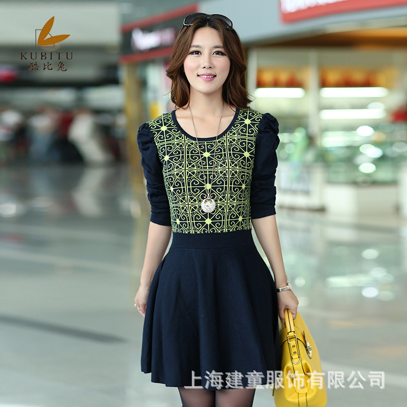 3207韓國毛衣新款秋冬女士收腰泡泡袖長款針織毛衣裙針織連衣裙工廠,批發,進口,代購
