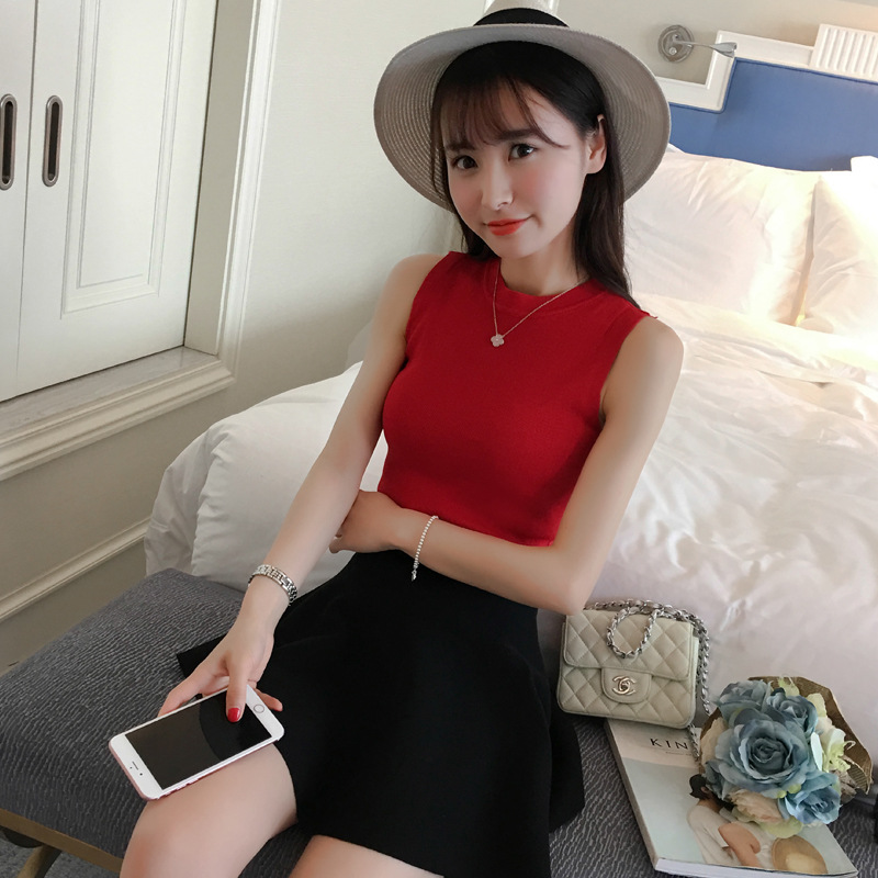 2016春夏韓版修身顯瘦小清新純色圓領無袖針織打底背心女廠傢直銷批發・進口・工廠・代買・代購