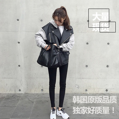 韓國秋裝ulzzang帥氣寬松pu皮拼接衛衣連帽皮衣皮夾克外批發・進口・工廠・代買・代購