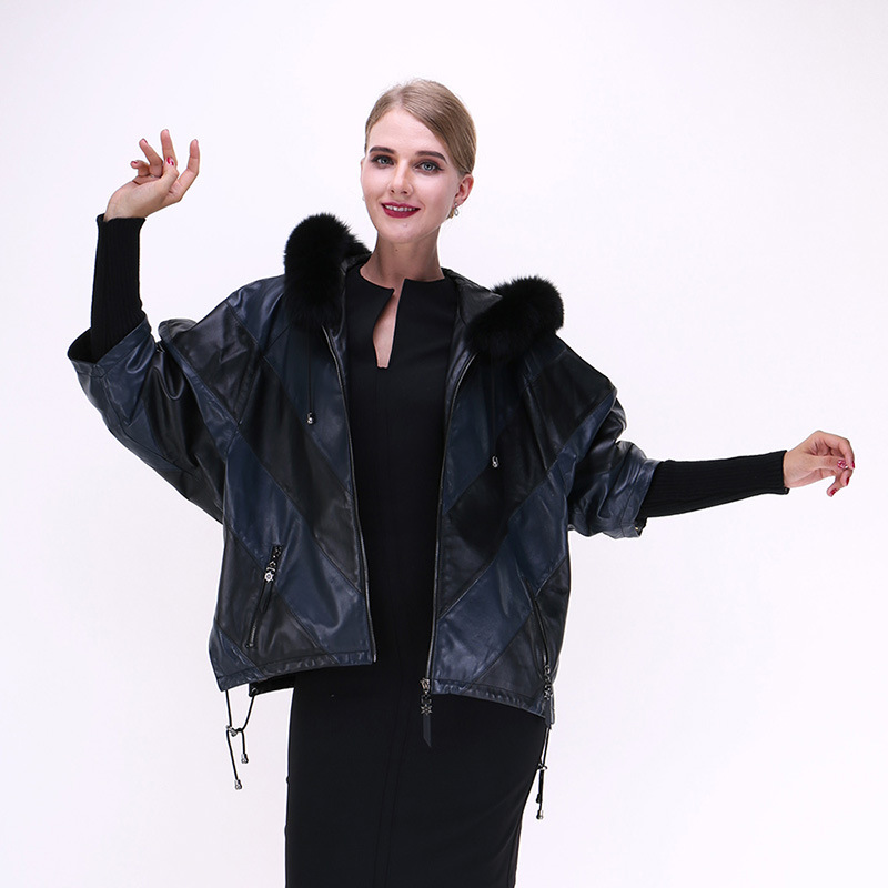 2016歐美新款綿羊皮外套 歐美真皮女裝 蝙蝠衫拼接寬松連帽上衣批發・進口・工廠・代買・代購