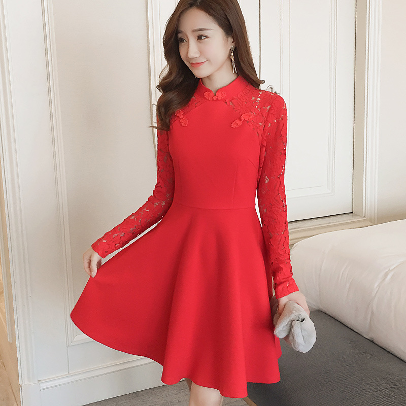 新品大紅色連衣裙春秋冬季中長款新娘禮服結婚敬酒服加絨蕾絲拼接批發・進口・工廠・代買・代購