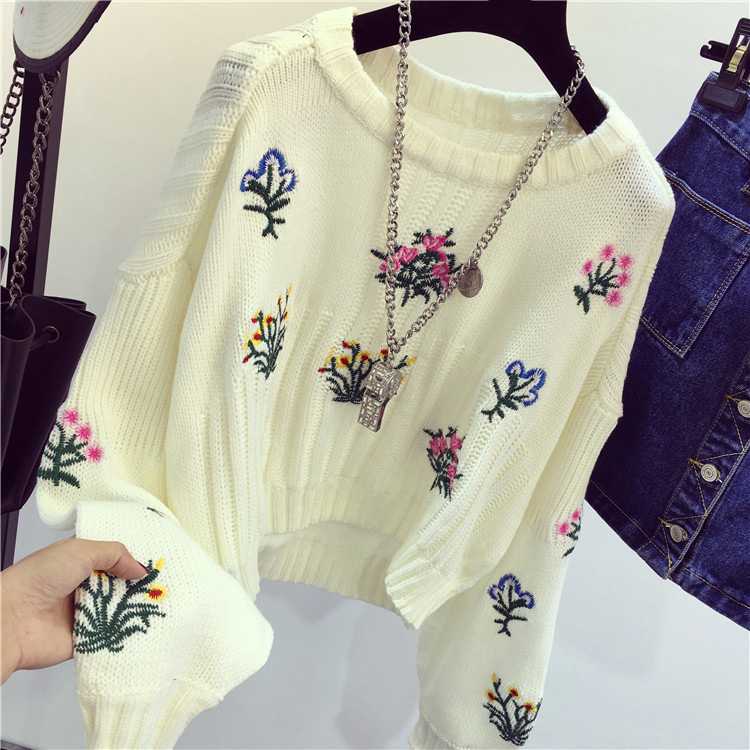 韓國東大門秋冬女名媛刺繡燈籠泡泡袖針織衫百搭套頭毛衣批發・進口・工廠・代買・代購