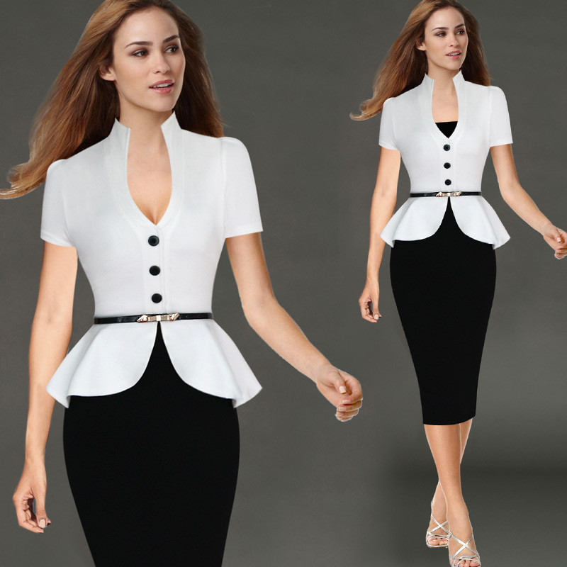 Amazon歐美新款假兩件連衣裙黑白拼接短袖腰帶荷葉邊鉛筆裙FD3444工廠,批發,進口,代購