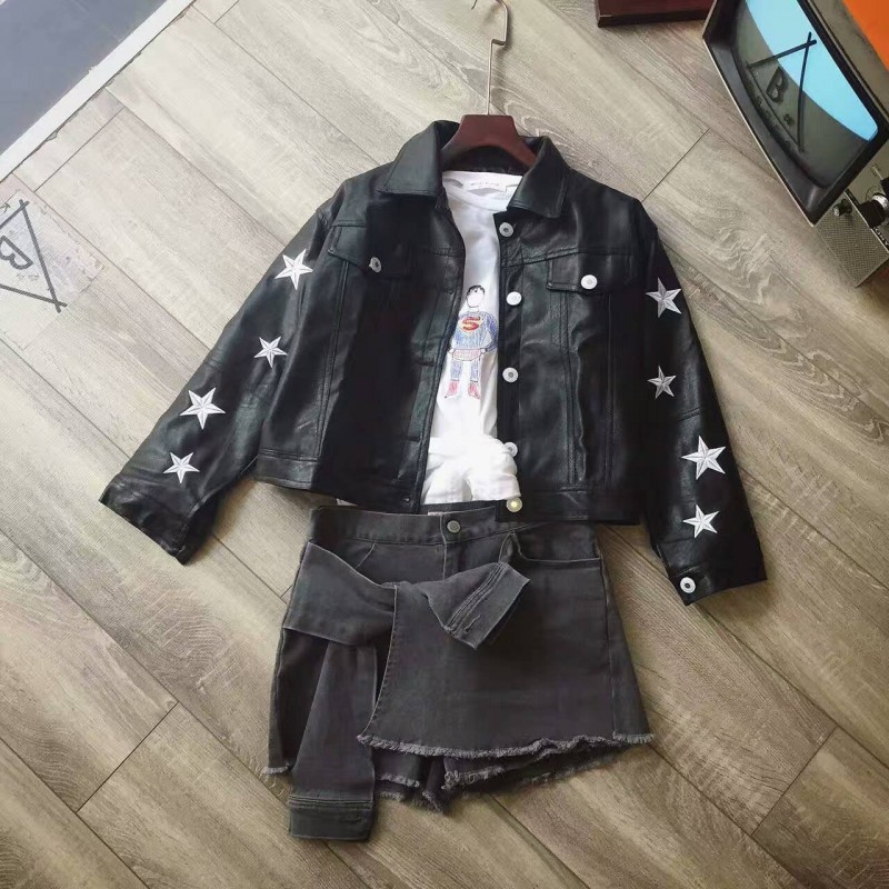 韓國潮牌東大門代購 短款刺繡五角星 女士皮衣修身外套 休閒百搭工廠,批發,進口,代購