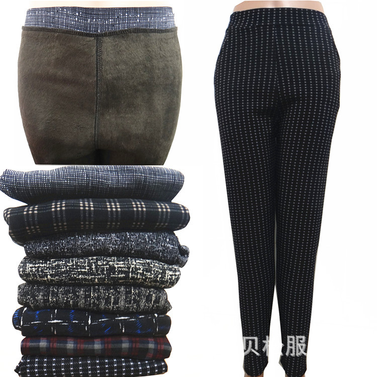 秋冬中老年格子青花瓷大碼女式內搭褲 加絨加厚保暖女褲地攤貨源工廠,批發,進口,代購