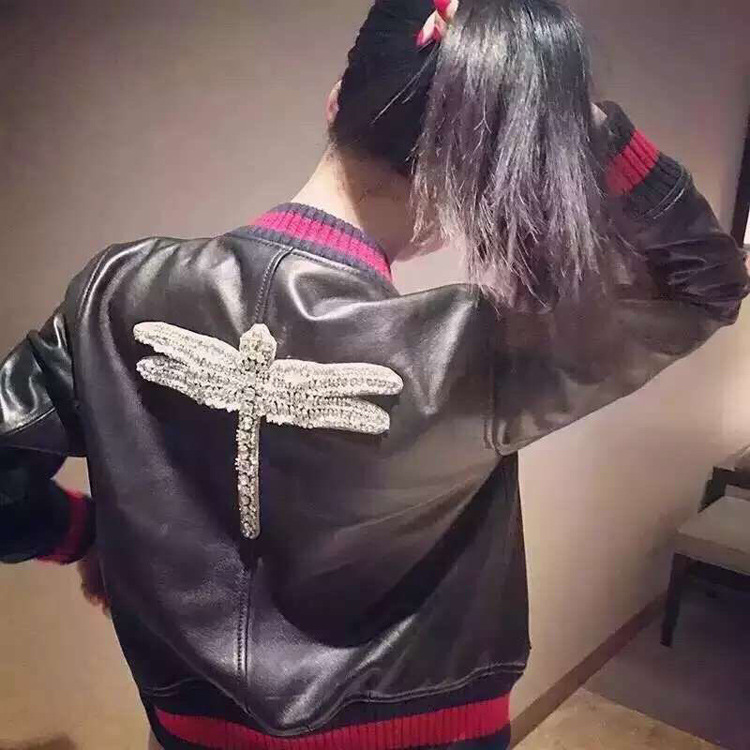 歐美大牌鑲鉆蜻蜓綿羊皮真皮皮衣海寧皮衣外套女工廠,批發,進口,代購