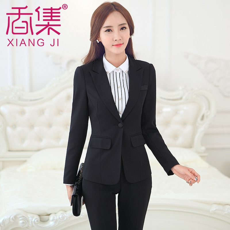 秋冬季職業裝女裝套裝修身長袖OL大碼麵試白領前臺黑色西裝工作服工廠,批發,進口,代購