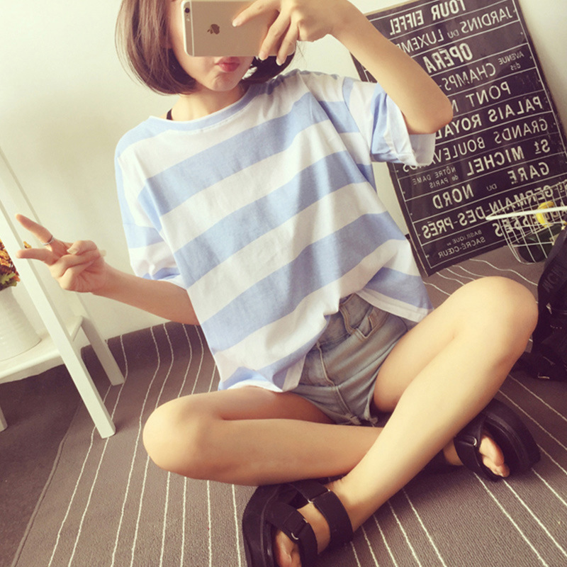 夏裝新款糖果色條紋小清新t恤女寬松短袖韓版學生體恤打底衫上衣工廠,批發,進口,代購
