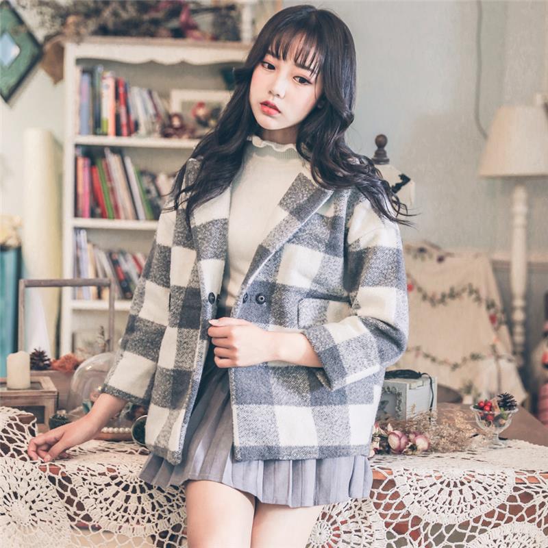 SK8338#秋冬新款韓版百搭格子小個子短款修身加棉加厚毛呢外套女工廠,批發,進口,代購