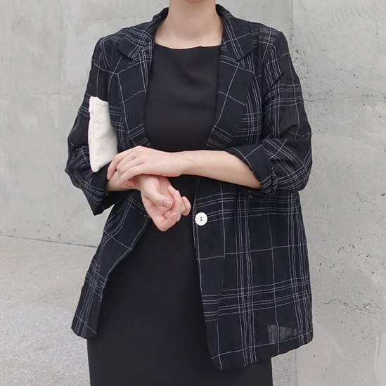 百搭  復古  棉麻 格紋 西服外套  西線西裝  現貨一件代發工廠,批發,進口,代購