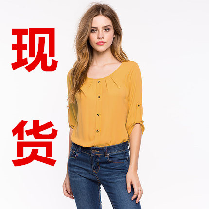 85161#歐美范時尚簡約單排扣裝飾寬松純色圓領七分袖雪紡衫E工廠,批發,進口,代購