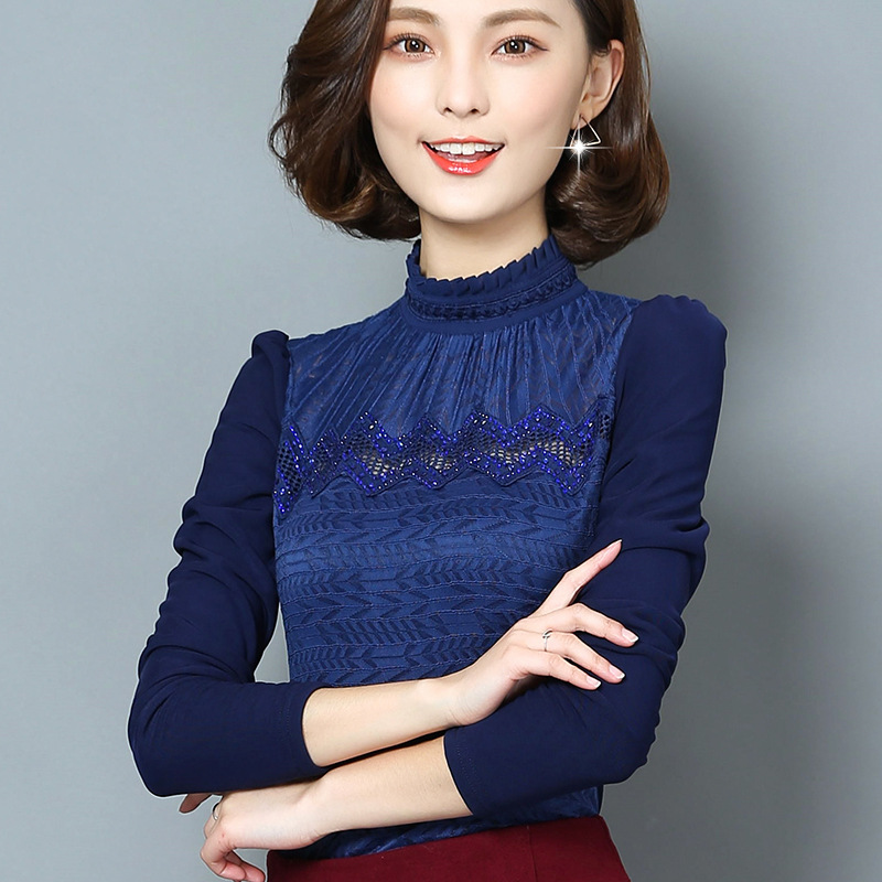 加絨加厚蕾絲衫女2016秋冬新款韓版修身百搭立領長袖打底衫工廠,批發,進口,代購