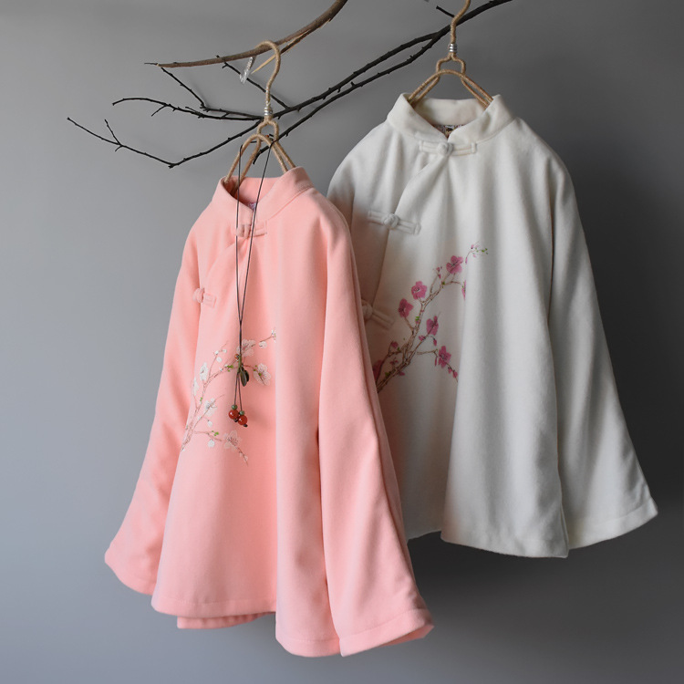 文藝印花立領斜襟盤扣呢子小衫寬松中國風短款上衣外套茶服女冬批發・進口・工廠・代買・代購