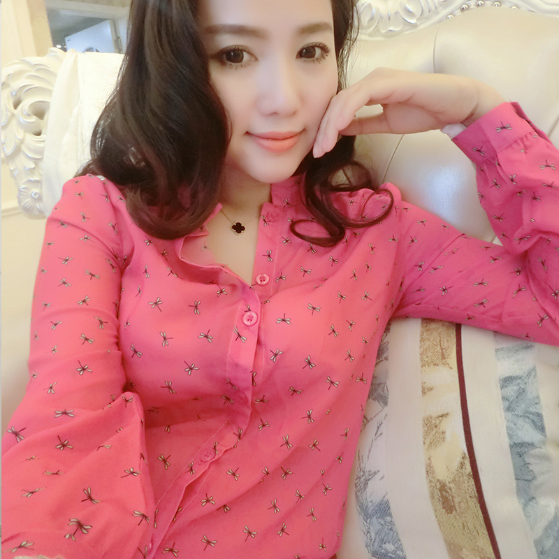 劉美人同款2016春裝印花真絲衫韓版修身百搭襯衣女長袖上衣襯衫女批發・進口・工廠・代買・代購