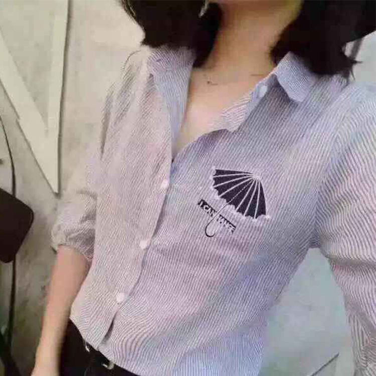 2016秋季新款襯衫 女韓版學院風修身豎條紋襯衫女繡花七分袖上衣批發・進口・工廠・代買・代購