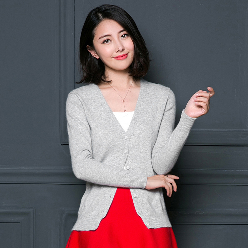 春秋新款羊絨衫外套女V領單排扣休閒時尚針織開衫純色百搭打底衫批發・進口・工廠・代買・代購