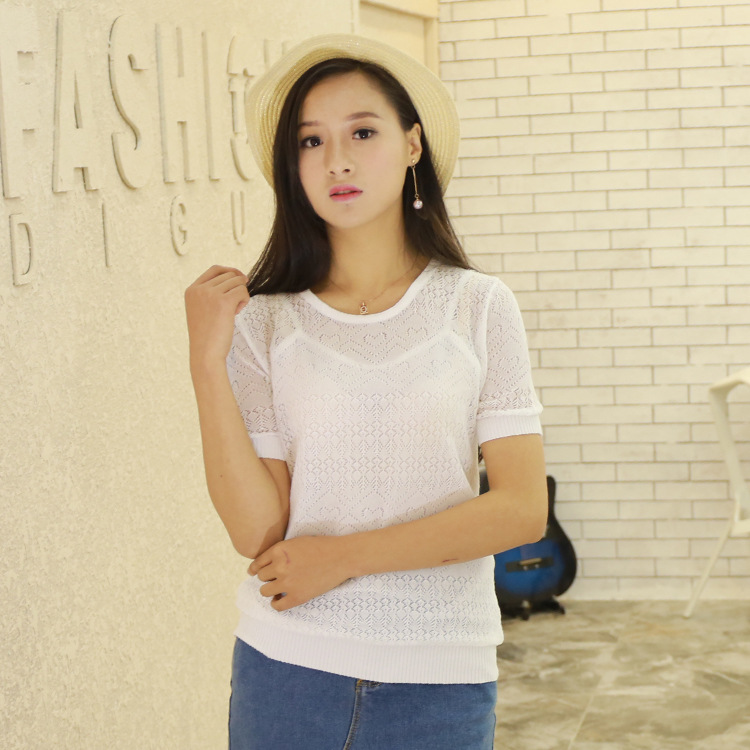 2016夏季女裝新款韓版流行時尚亞麻針織衫鏤空短袖清涼短款批發・進口・工廠・代買・代購