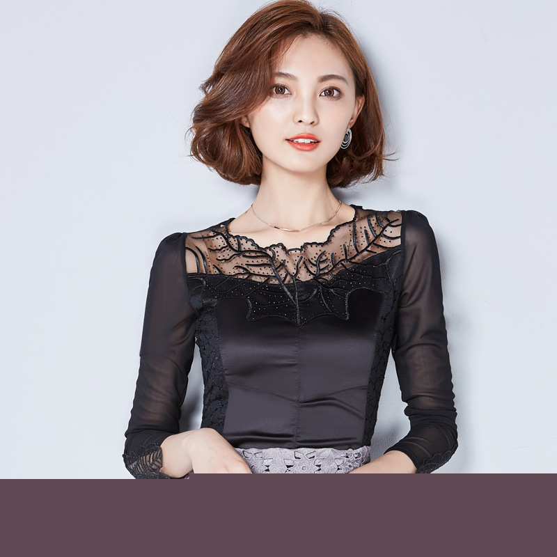 長袖網紗蕾絲衫打底衫秋款女裝韓版百搭黑色短款上衣小衫批發・進口・工廠・代買・代購