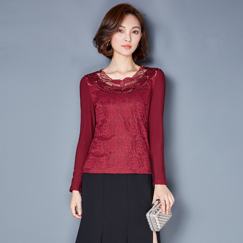 冬季新品韓版修身顯瘦圓領長袖純色蕾絲衫拼接女式短 新工廠,批發,進口,代購