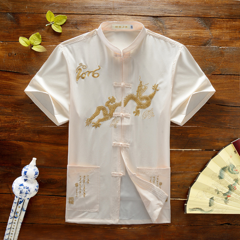 中老年男式唐裝 夏季半截短袖 刺繡 民族風 唐裝 男 爸爸裝工廠,批發,進口,代購