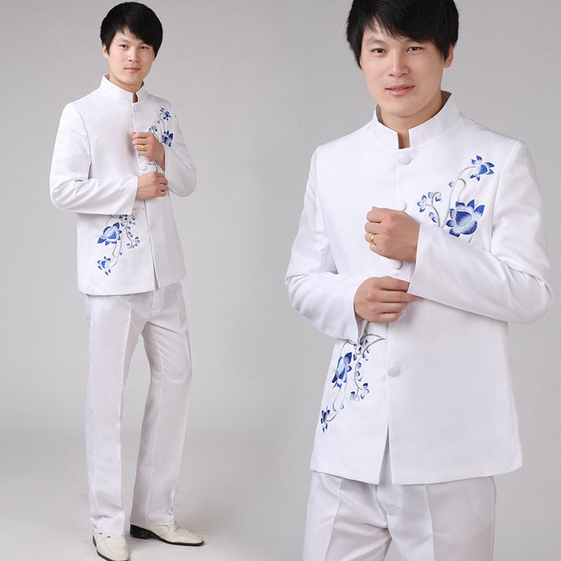 新款男士白色青花瓷立領中山裝 大合唱演出服 主持人歌手司機服裝批發・進口・工廠・代買・代購